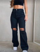 Calça wide leg rasgada no joelho