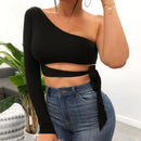blusinha manga longa um ombro com amarração