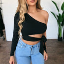 blusinha manga longa um ombro com amarração