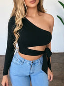 blusinha manga longa um ombro com amarração