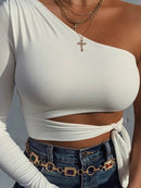 blusinha manga longa um ombro com amarração