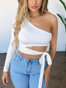 blusinha manga longa um ombro com amarração